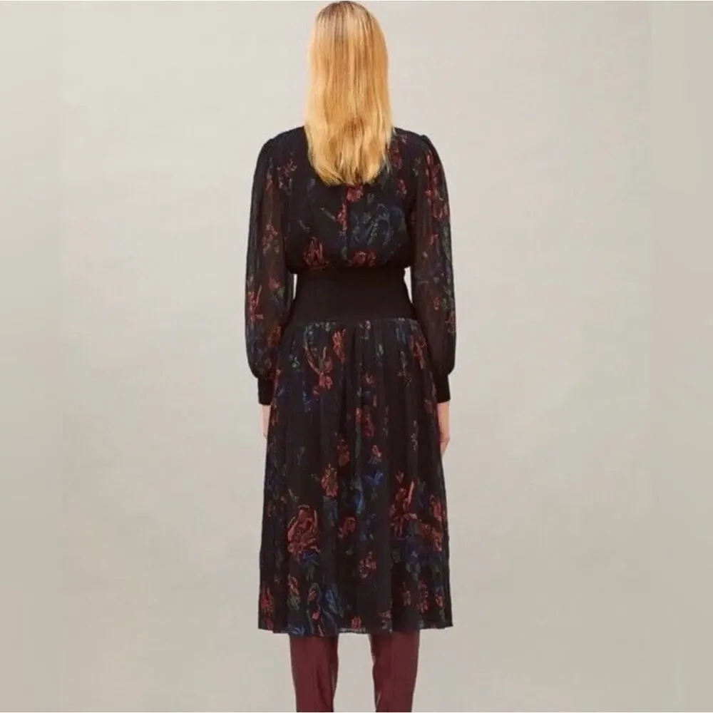 Tory Burch Floral Midi Dress in Ceramic Bouquet Long Sleeve Smocked Waist Size 6